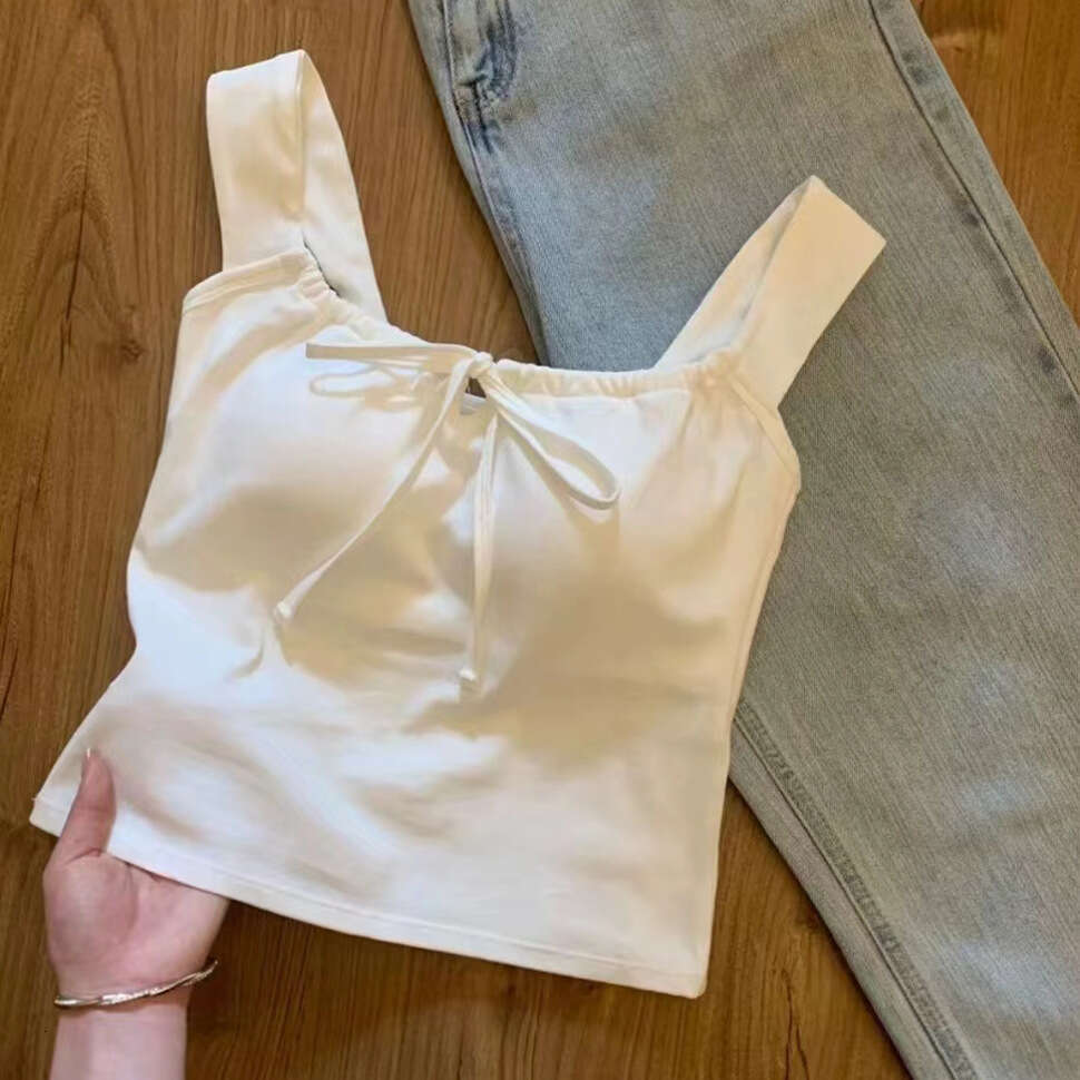 Designer T Shirt New Style Padded Square Neck Vest With Straps Slim Fit Summer Outerwear Versatile Girl Bow Wide Shoulder Strap