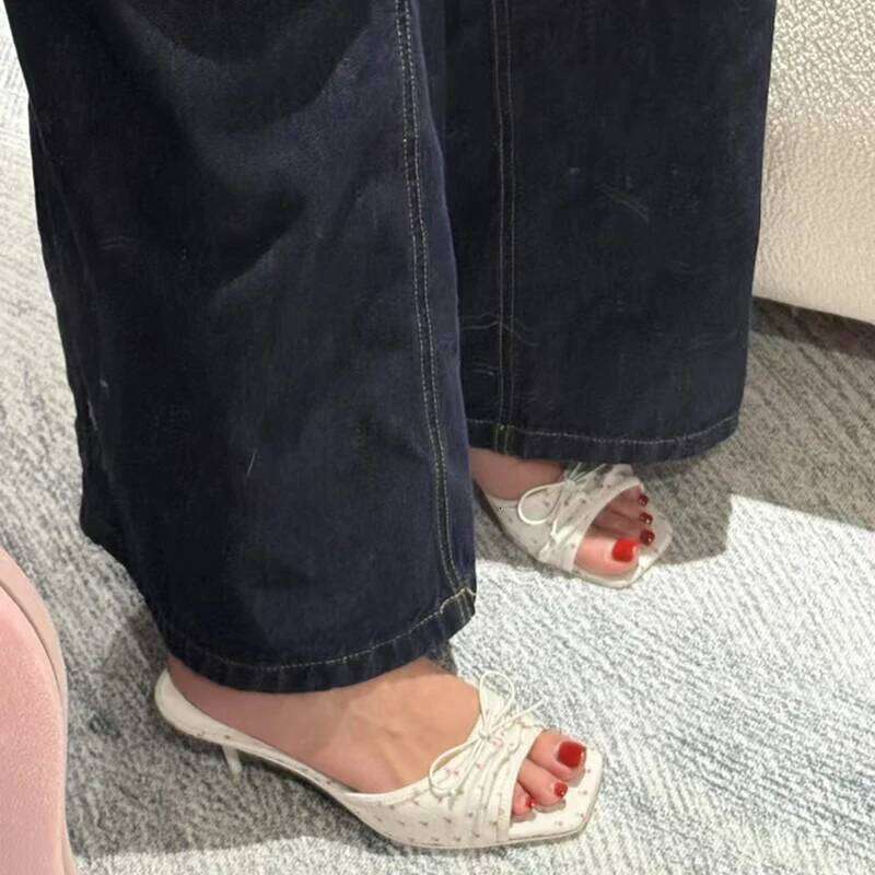 Summer Floral High Heels Women Slippers Fashion Square Toe Slip On Shoes Ladies Outdoor Party Dress Slides