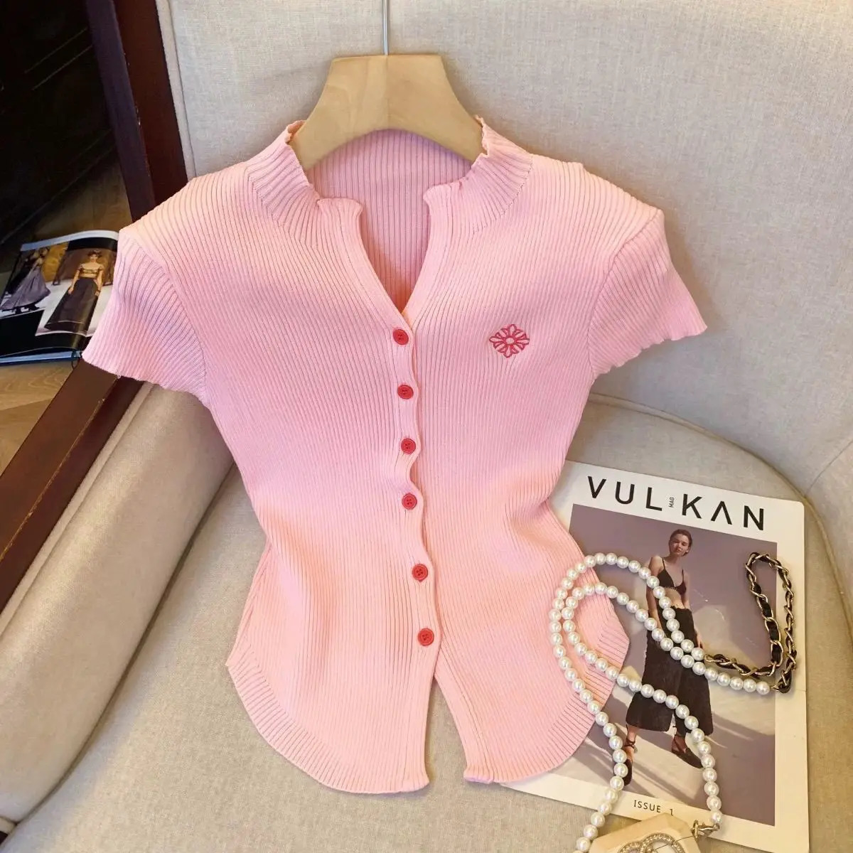 Summer Korean Buttons Vneck Short Sleeve Knitting Cardigan Female Temperament Slim Embroidered Top Tee Women Clothes Sweater 250724