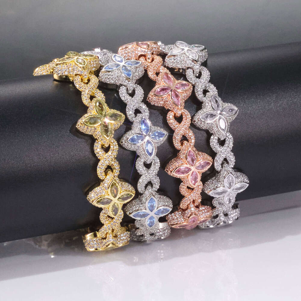 NUOYA Miami Cuban Bracelet Flower Cross Design Four Leaf Clover Infinity Chain Iced Out Colorful Zircon Hip Hop Jewelry