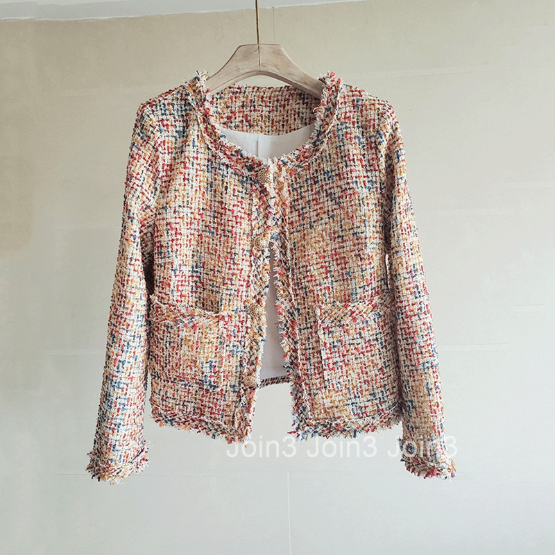 Autumn New Style Elegant Tweed French Chic Short Coat for Women Trendy with Tassel Pockets