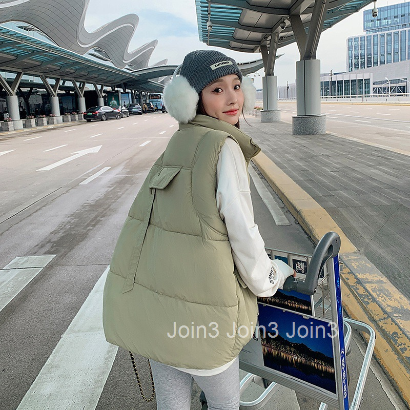 Autumn Winter New Korean and Japanese Style Plus Size Womens Down Cotton Vest with Large Pockets and Stand Collar Mid-Length