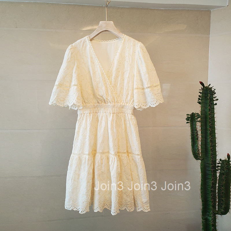 New Summer Dress Heavy Embroidery Hollow Fairy Mid-Length Dress Cross V-Neck Elegant Waist Slimming Short Sleeve Dress