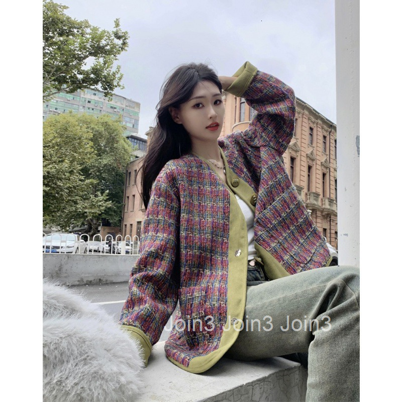 Autumn Winter New French Style Loose Plaid Elegant Woven Color-Block Trim Long Sleeve Wool Coat Mid-Length