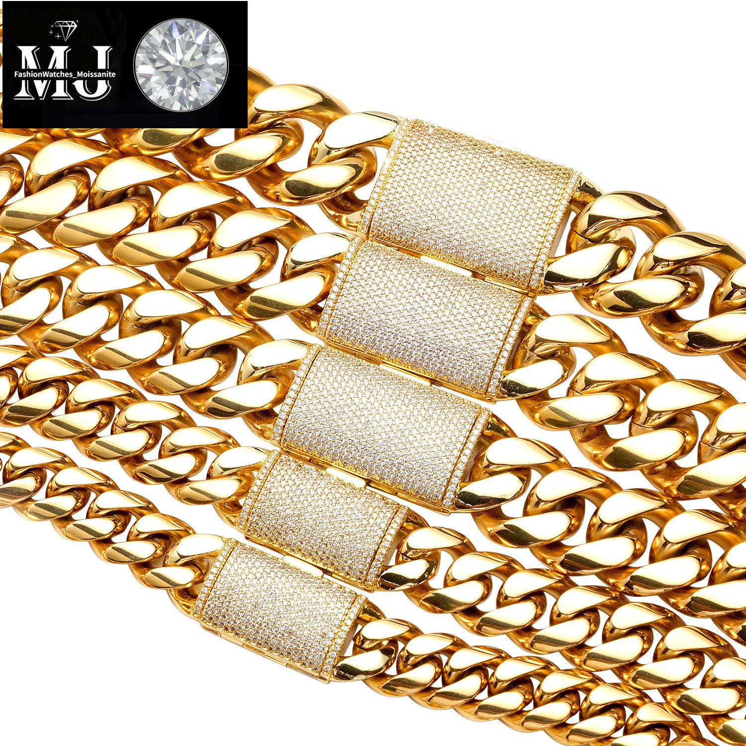 12/14/18/20/22mm Stainless Steel Hip Hop Gold Plated Cuban Chain Micro Paved Zircon Clasp Necklace