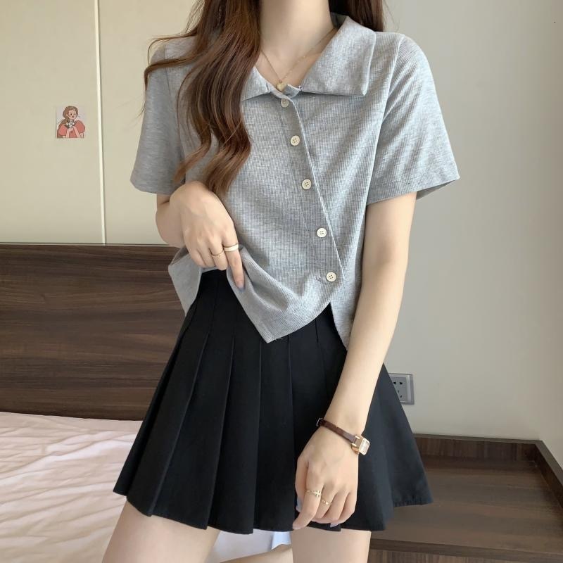 2025 Irregular Short sleeved Women's T-shirt Summer Fashion Slim fit Abdominal Cover Design Sense Regular Shoulder Polo Shirt Casual Fashion New 