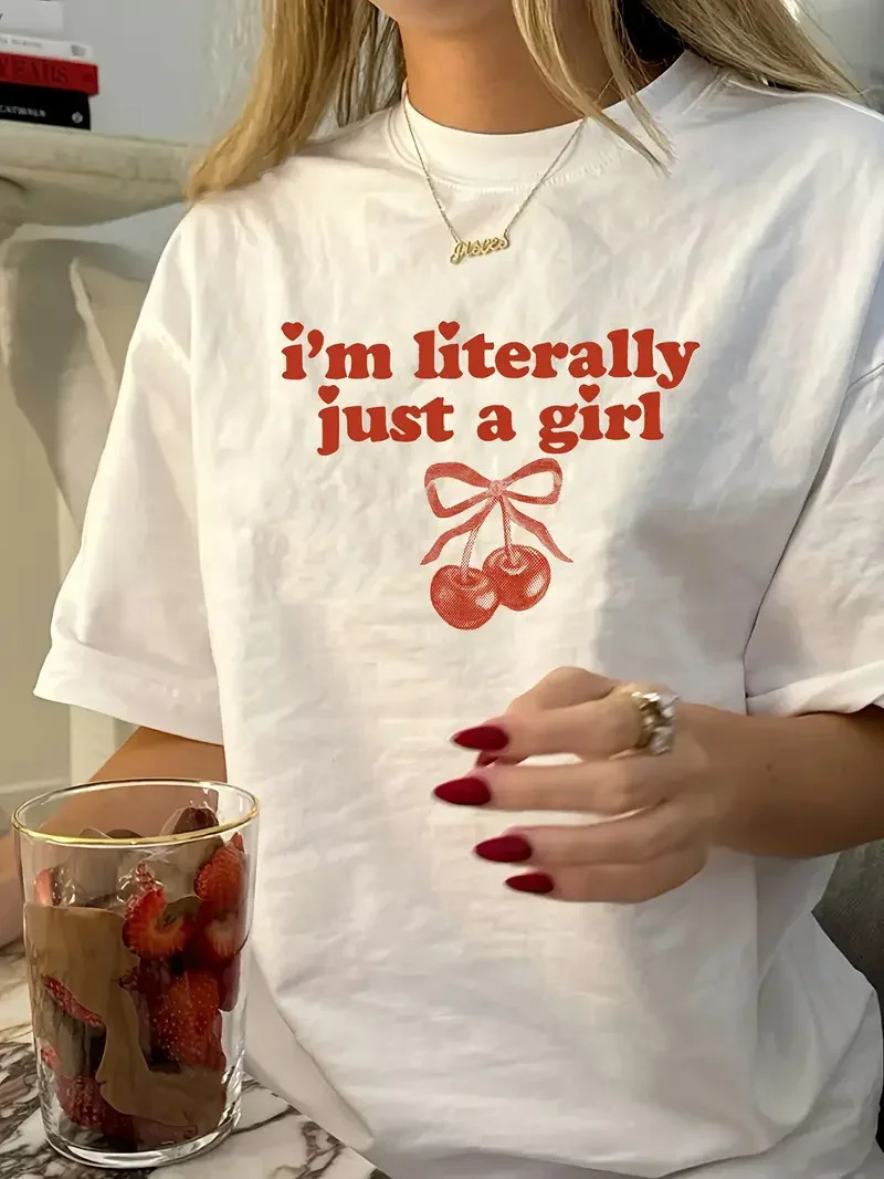 Im Literally Just A Girl Women Tshirt WomenS Vintage Style Casual Printed T Shirt Cherry Bow Round Neck Short Sleeve Top Tee 250724