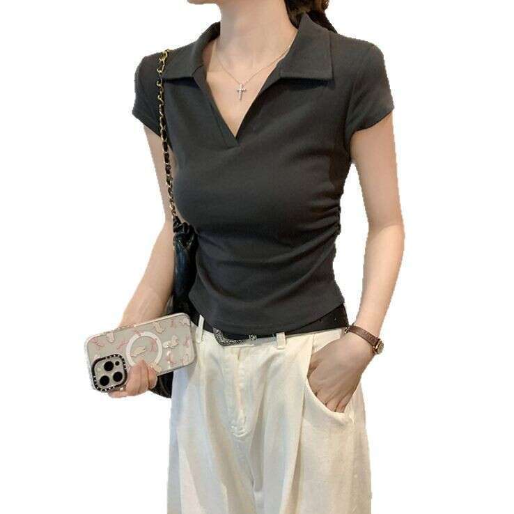 sxzy Summer Hot Girl Slim Fit Off-Shoulder T-Shirt Women Sleeve Design Irregular Pleated Short Polo Shirt Top