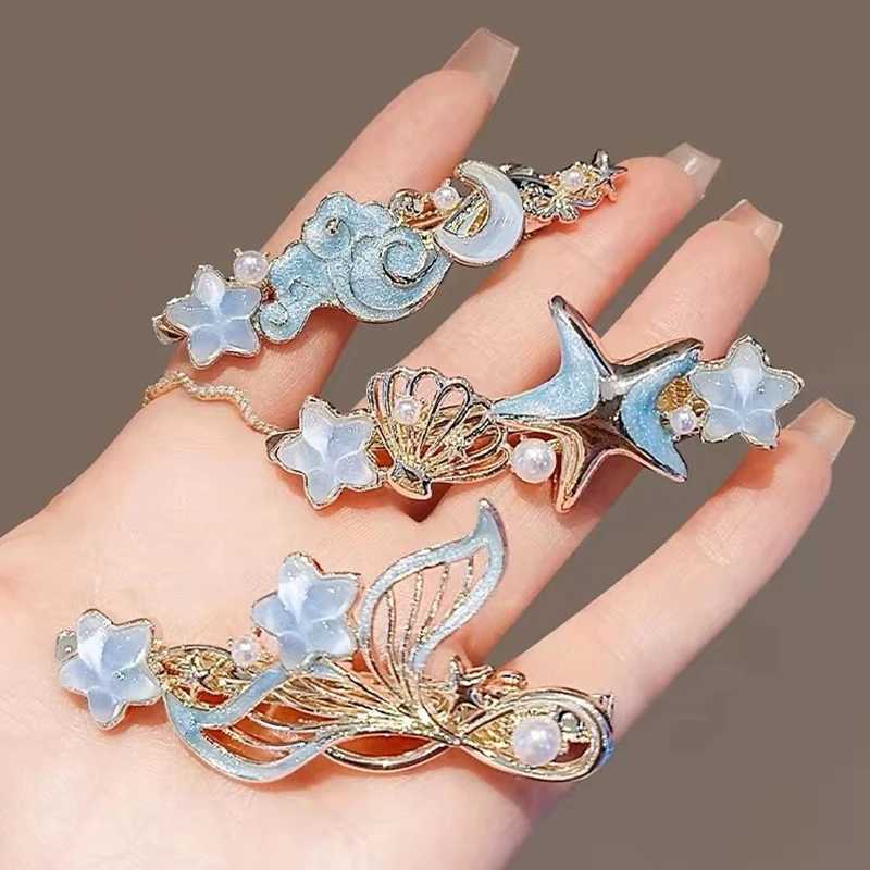Dreamy Blue Fishtail Starfish Glaze Duckbill Clip Women Forehead Bangs Barrettes Alloy Side Clip Super Fairy Hair Accessories Z250729
