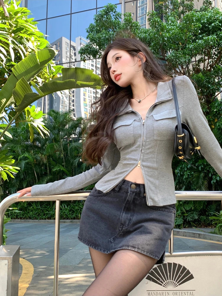 Women Tshirt Spring Autumn Clothes Ribbed Knitted Long Sleeve Short Tops Zipper n Tee Sexy Female Slim Tops w250729