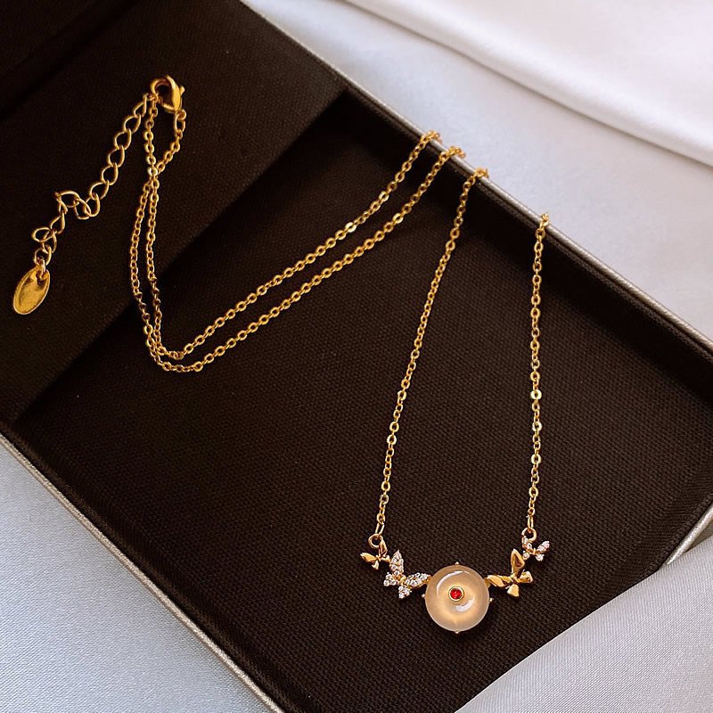 Gold Micro Inlaid Butterfly Peace Buckle Pendant Necklace for Women, Light Niche Collarbone High-end Neck Chain, 2025 New Model Jewelry for Women