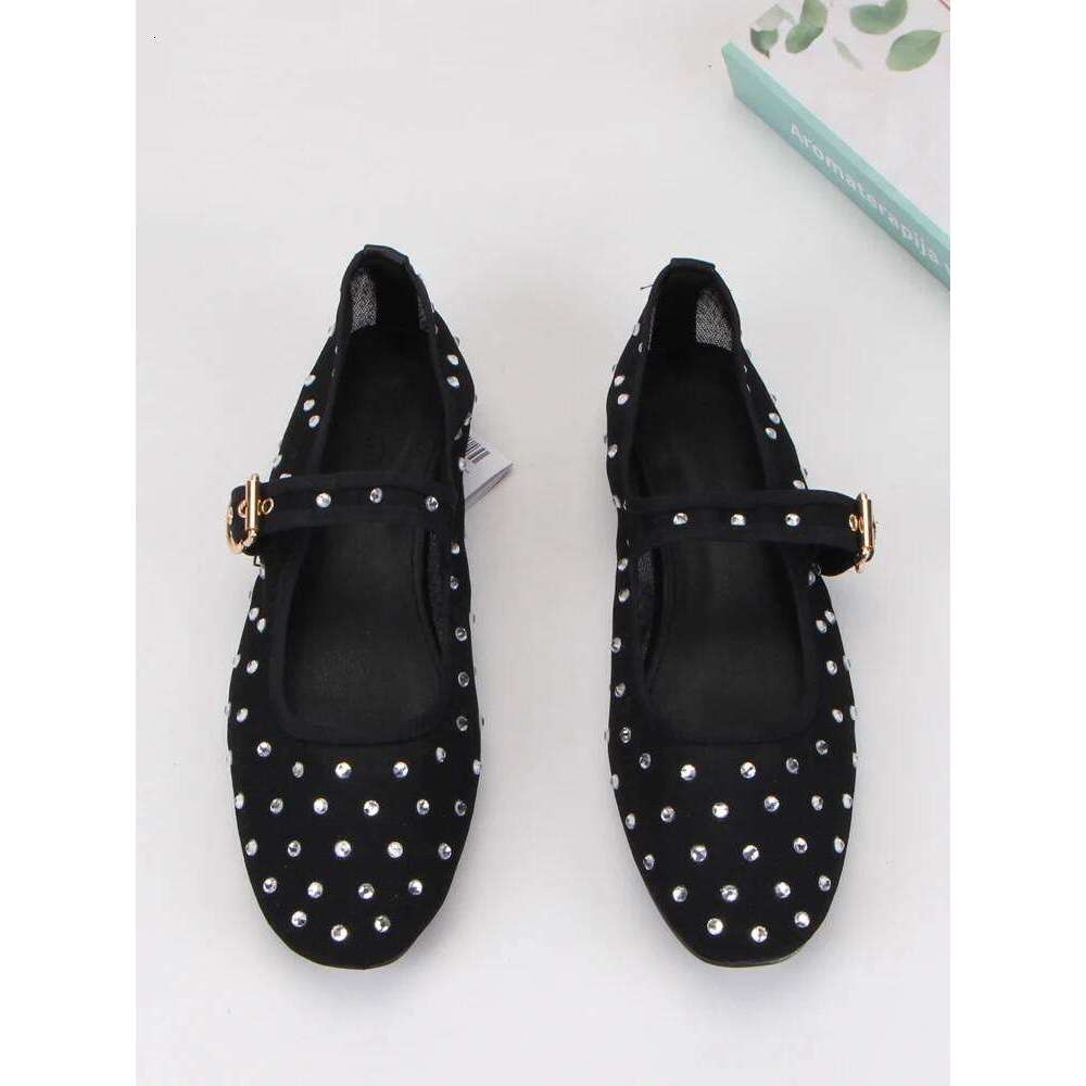 Rhinestone Mesh Ballet Flats Women Summer Breathable Black Elegant Mary Janes Buckle Strap Casual Ladies Shoes Footwear
