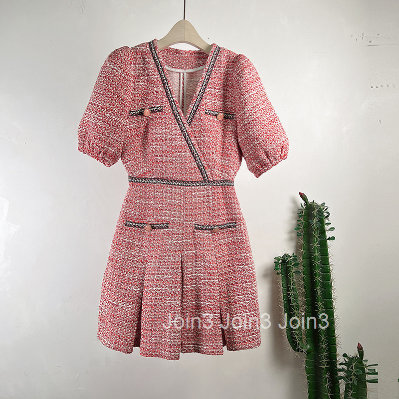 Summer Autumn New French Style V-Neck Elegant Sweet A-Line Short Dress Slim Waist Short Sleeve Dress