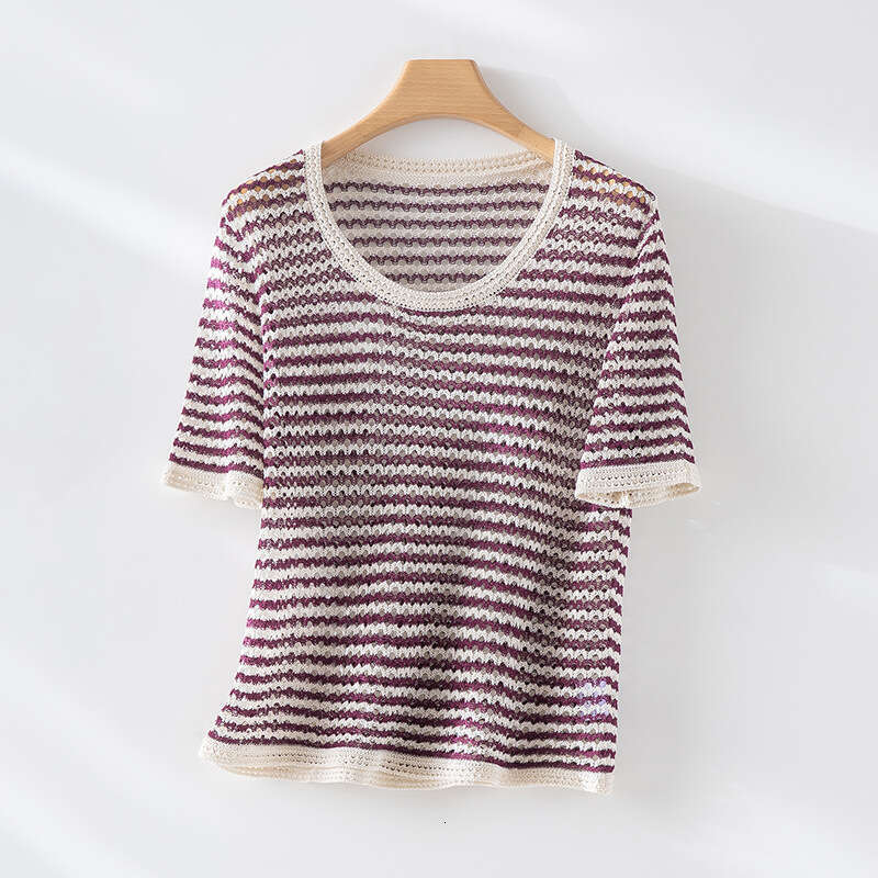sxzy Summer New Round Neck Mulberry Silk Striped T-Shirt Loose Short Sleeve Hollow Out Slimming High-End Feel Women's Top