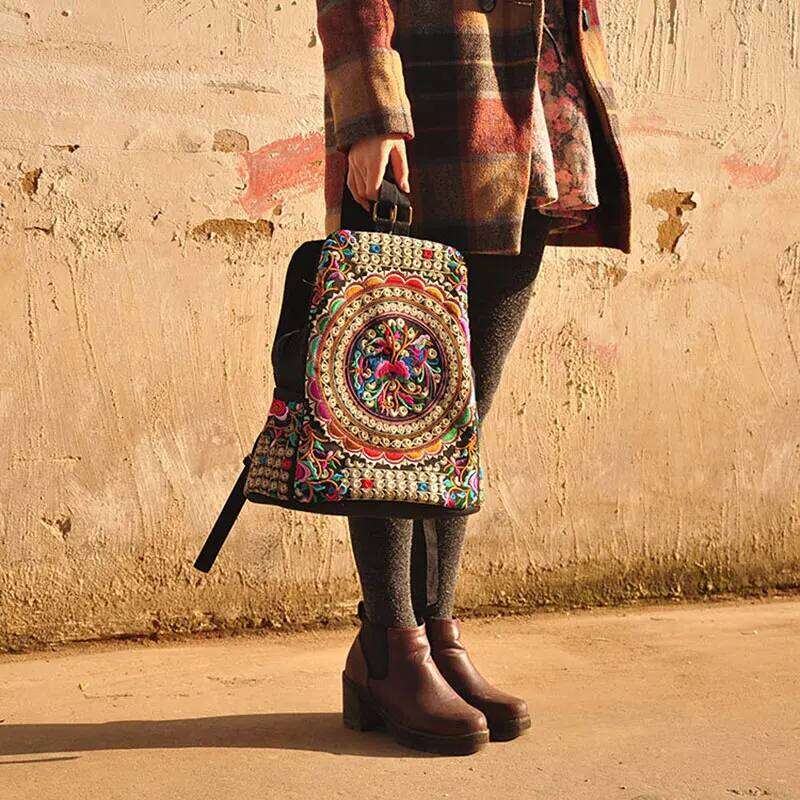 Vintage Artistic Embroidered Women Canvas Backpacks Handmade Floral Embroidery Rucksack Schoolbag Denim Travel Bags