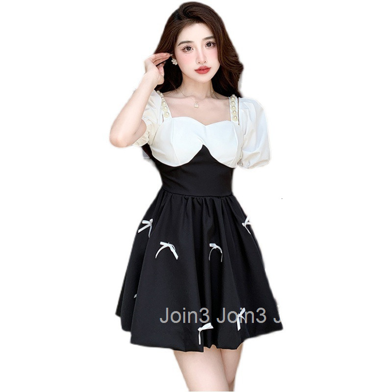 Summer New Womens French Beaded Black and White Fashion Slim Bow Tie High Waist Short Sleeve Dress Short Skirt