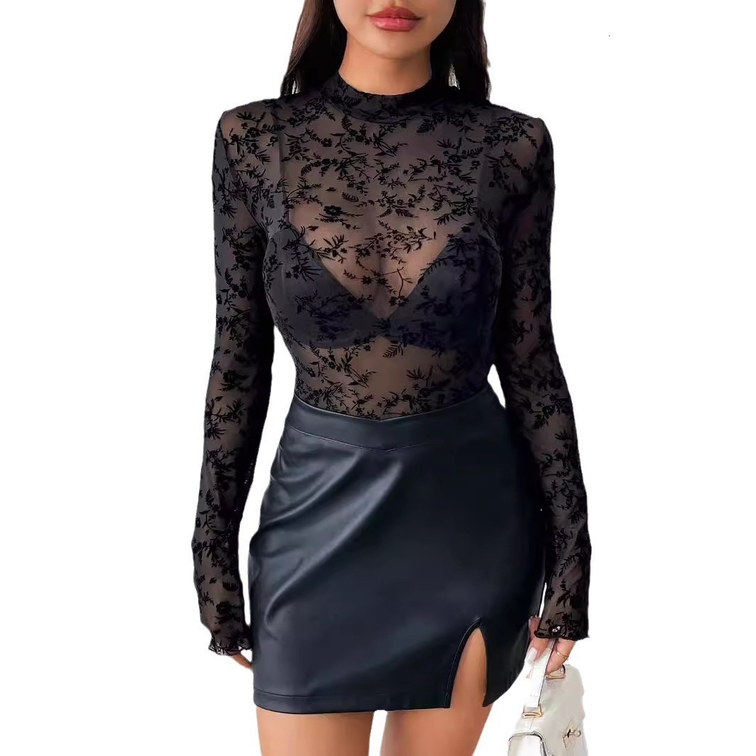 2025 new single-layer mesh small stand collar plush printed long sleeved bottom top womens T-shirt