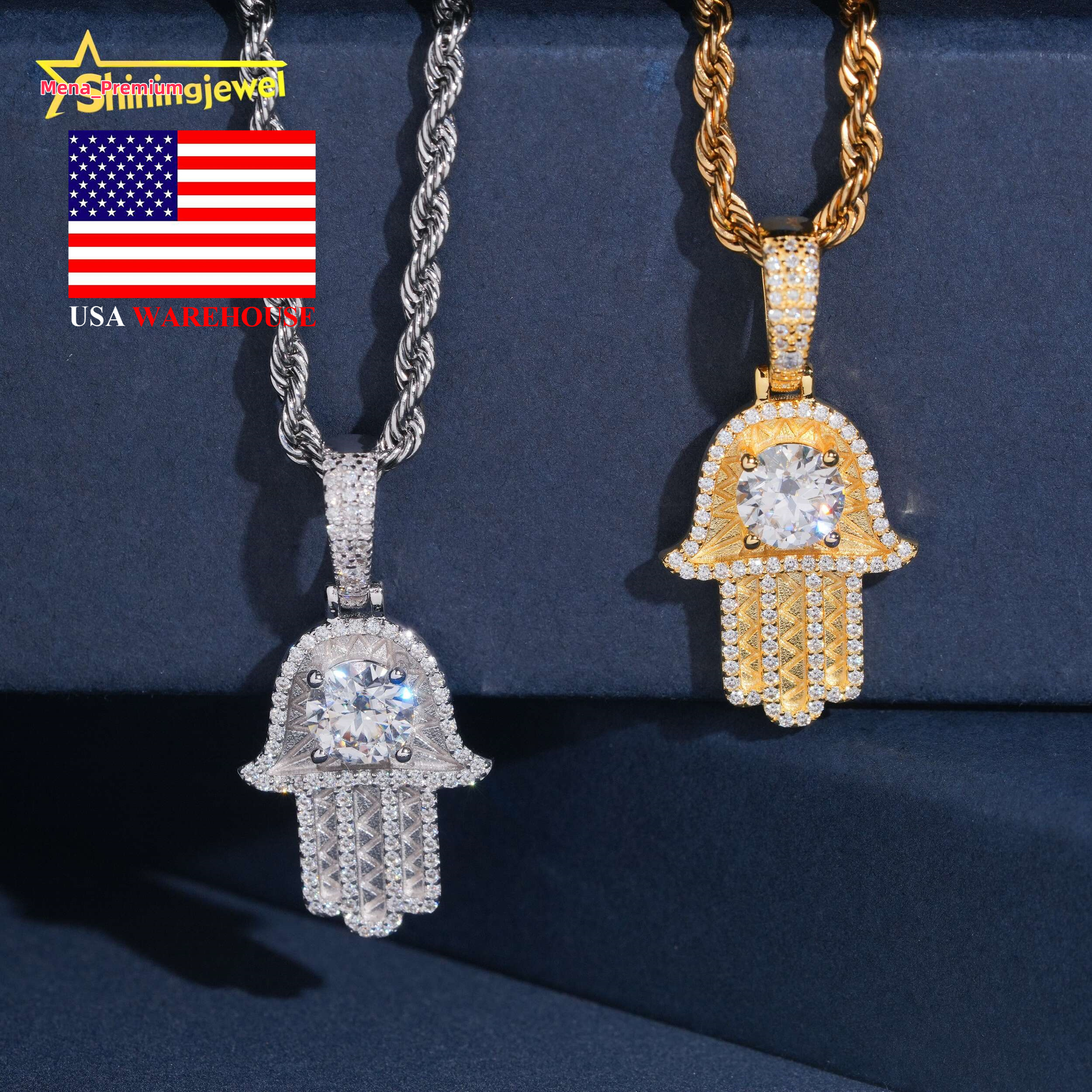 USA Local Fast Shipping 925 Silver VVS Moissanite Pendant Necklace Hip Hop Iced Out Gold Plated Hamsa Hand Moissanite Pendant