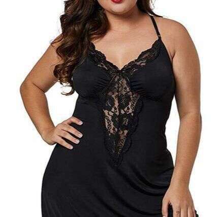 Large size sexy lace patchwork nightgown, deep V seductive camisole skirt, skin friendly, high elasticity, accommodating body shape