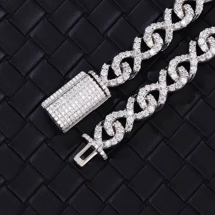 IGI Certified Mens Hip Hop 925 Silver Cuban Chain 14K White Gold Plated VVS Moissanite Diamond Cut Link Cross Flower Pattern