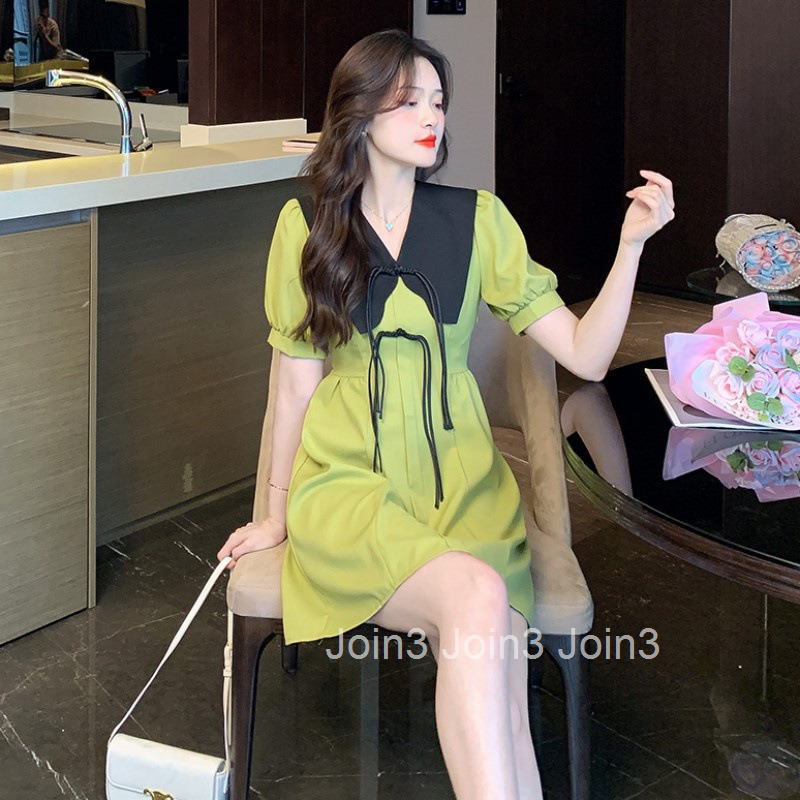 Summer New Loose A-Line Slimming Turn-Down Collar Button High Waist Short Sleeve Dress Short Skirt for Women