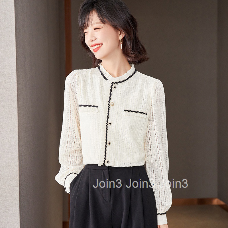 Spring and Autumn New Sweet Round Neck Lantern Long Sleeve Shirt for Women Plus Size Lace Blouse Niche Shirt Top