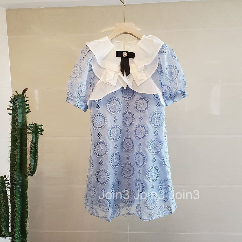 Socialite Fashion Loose Waist Bow Embroidered Midi Dress A-line Dress Womens Short Sleeve Dress Summer New Style