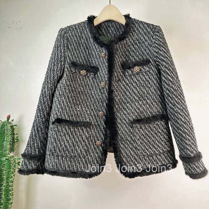 Winter New Small Fragrance Style Down Jacket for Women Tweed Plush Black Trim Long Sleeve Wool Coat for Women
