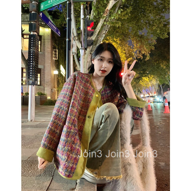 Autumn Winter New French Style Loose Plaid Elegant Woven Color-Block Trim Long Sleeve Wool Coat Mid-Length
