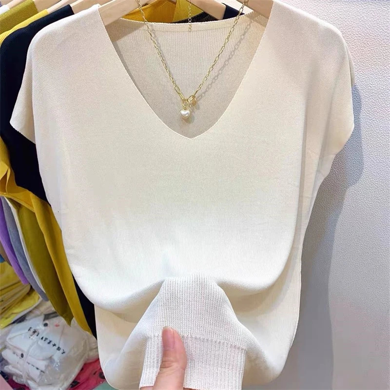 Women Clothing Summer Fashion Simple Short Sleeve Ice Silk Thin Knitted Tshirt Casual Commute Solid V Neck Loose Pullover Tops 250724