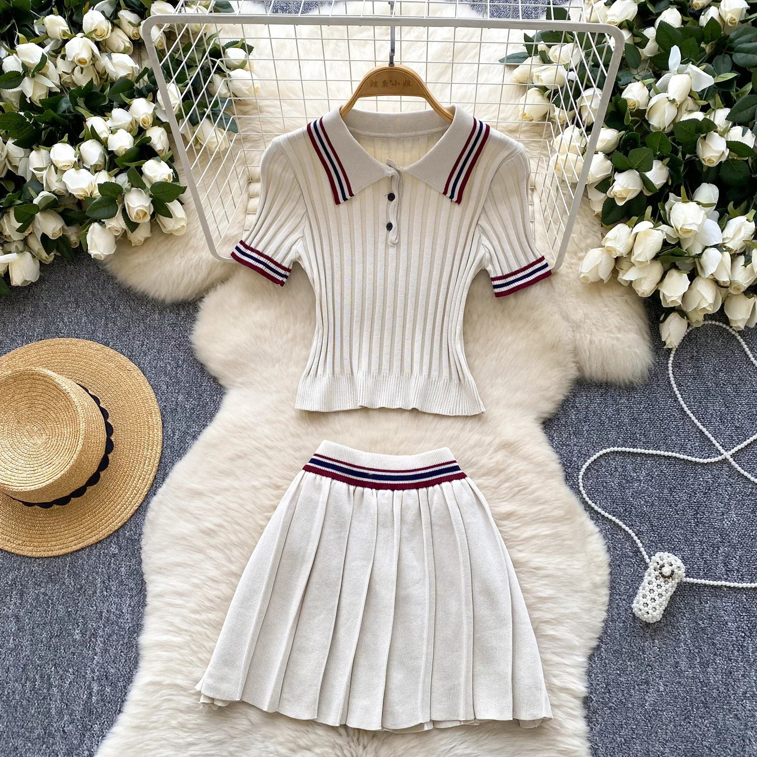 Korean College Style Knit 2pcs Suit Polo Neck Short Sleeve TopsPleated Skirt Women Summer Color Block Vintage Set 250729