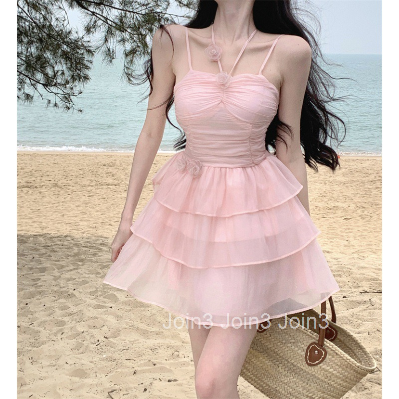Summer New Women Pure Desire Style Sweet Sexy Cake Dress Short Dress Halter Chiffon Strap Dress