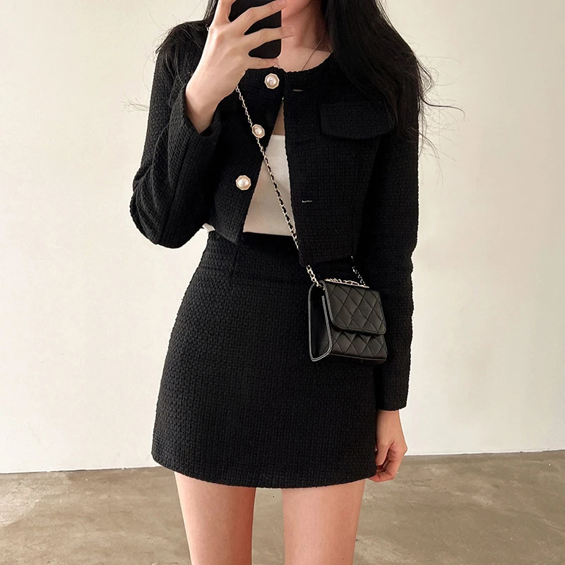 Chic Solid Tweed Two Piece Sets Women Long Sleeve Pearl Buttons Short Jacket and A Line Mini Skirt Set for Autumn Winter Outfits 250729