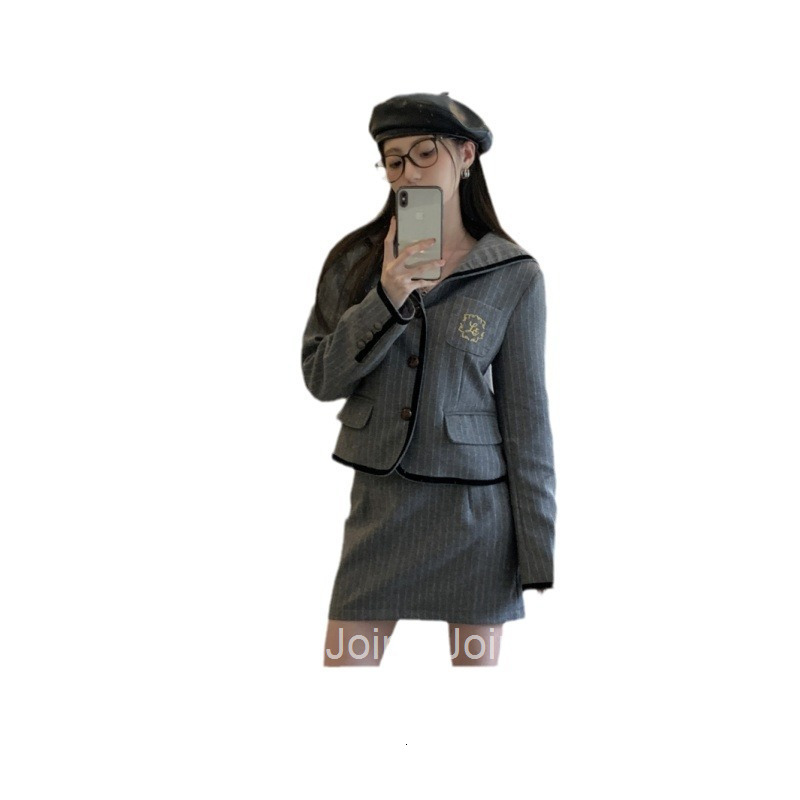 Autumn Winter New French Style Elegant Badge Long Sleeve Blazer + Half Skirt Fashion Set for Women