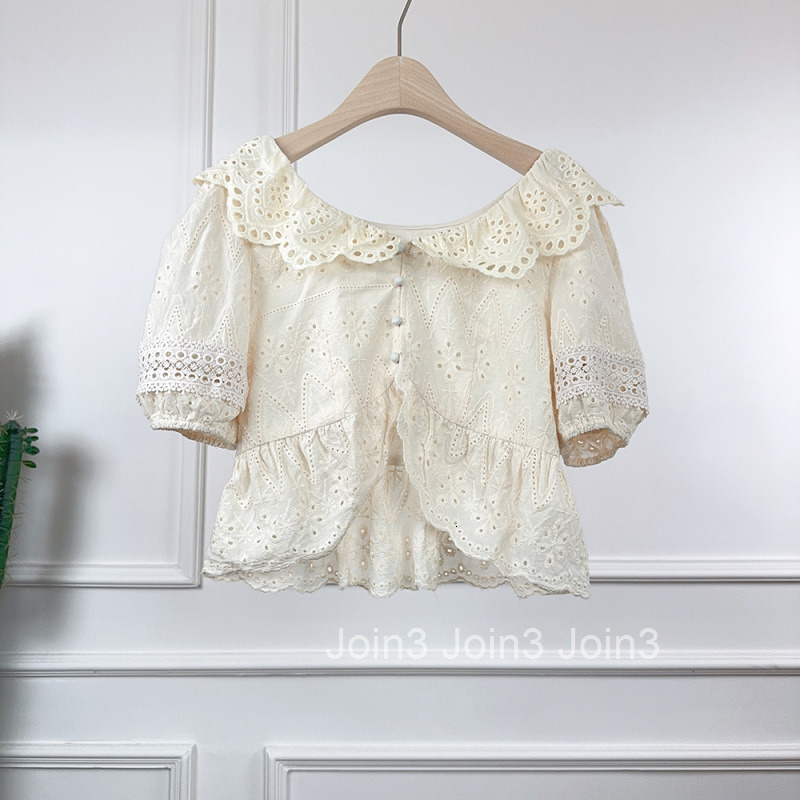 25 Summer New Style Little Fragrance Milk Short Sleeve Shirt Short Women Cream Series Lace Doll Collar Hollow Out Short Sleeve Top Women