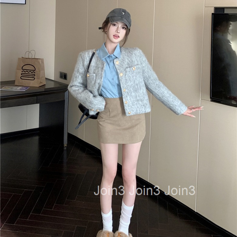 Autumn Winter New French Style Simple Round Neck Single-Breasted Long Sleeve Quilted Woolen Short Coat for Women