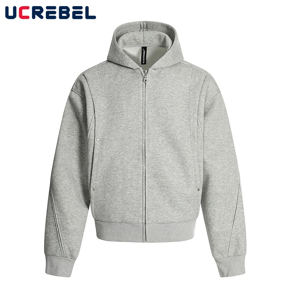 Spliced Hooded Sweatshirts Mens Solid Color High Street Cotton Loose Drop Shoulder Long Sleeve Zipper Fly Hoodies Outerwear 250729