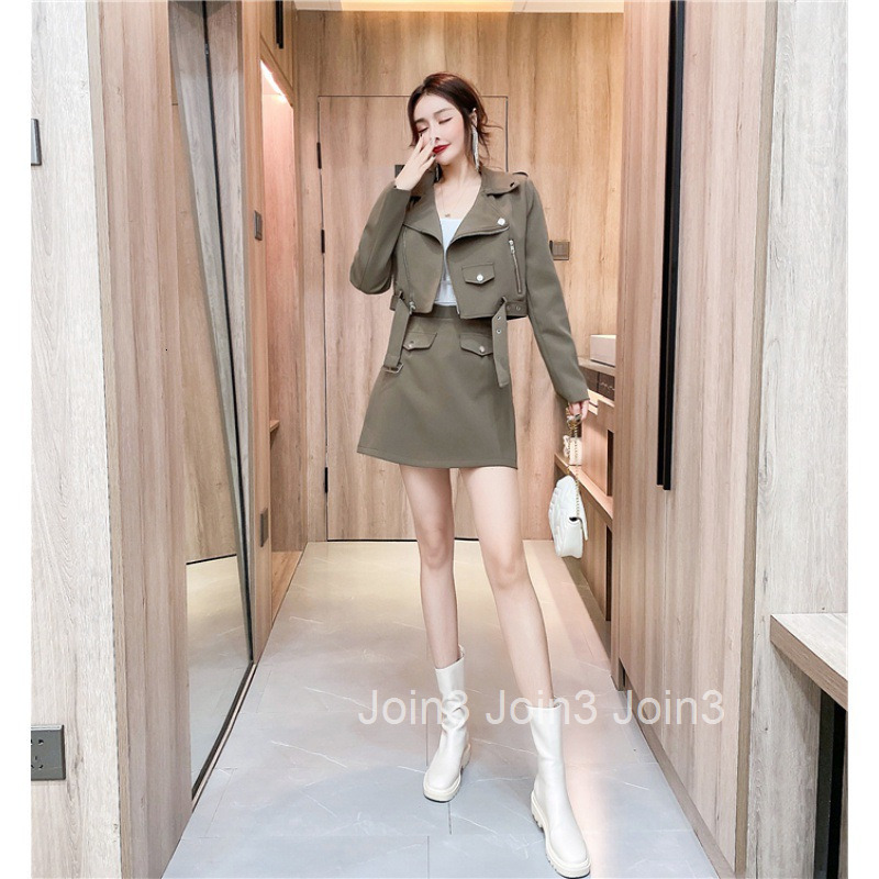 Autumn Winter New Sweet Spicy Fashionable Stylish Motorcycle Style Slim Long Sleeve Trench Coat Short Jacket Half Skirt Set for Women
