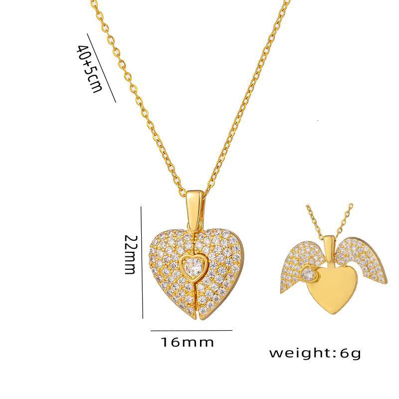 Popular Stainless Steel 18K Gold Heart Necklace Opening Angel Wings Heart Shaped Diamond Pendant Couple Necklaces for Lovers