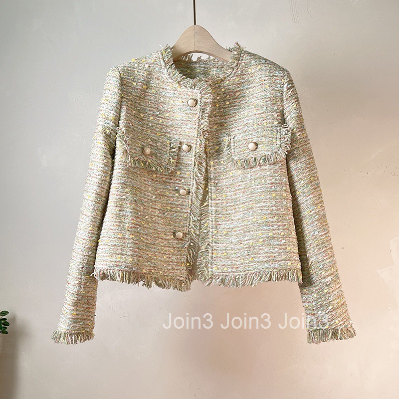 Autumn and Winter New Celebrity Fashion Colorful Woven Single breasted Small Fragrant Style Long sleeved Coat Womens Tassel Edge Outer Coat