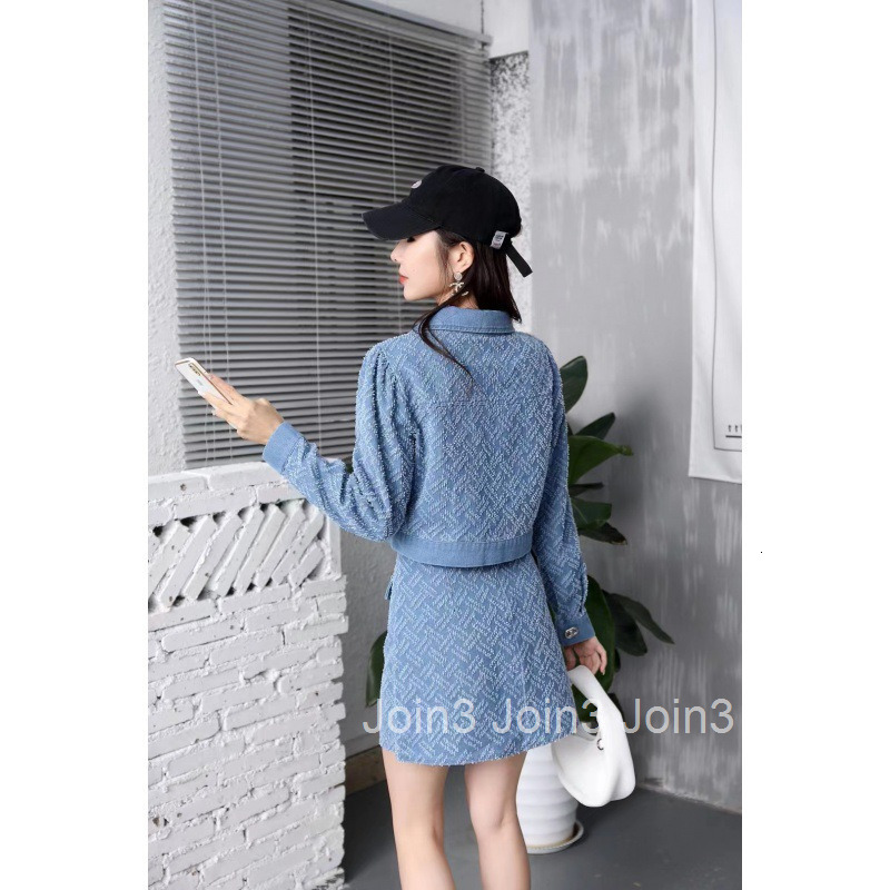 Autumn New Fashion Slimming Floral Denim Long Sleeve Short Jacket Top Shirt High Waist Half Skirt Set