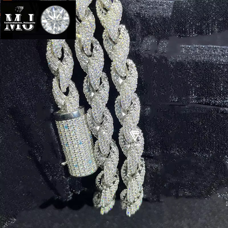 Fashion Jewelry Popular White Gold Plated Sier Iced Out 8mm VVS Moissanite Hip Hop Rope Chain Necklace For Men
