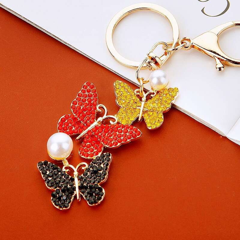 Inlaid Diamond Pearl Butterfly Car Women's Bag Pendant Keychain Metal Insect Ornament Gift
