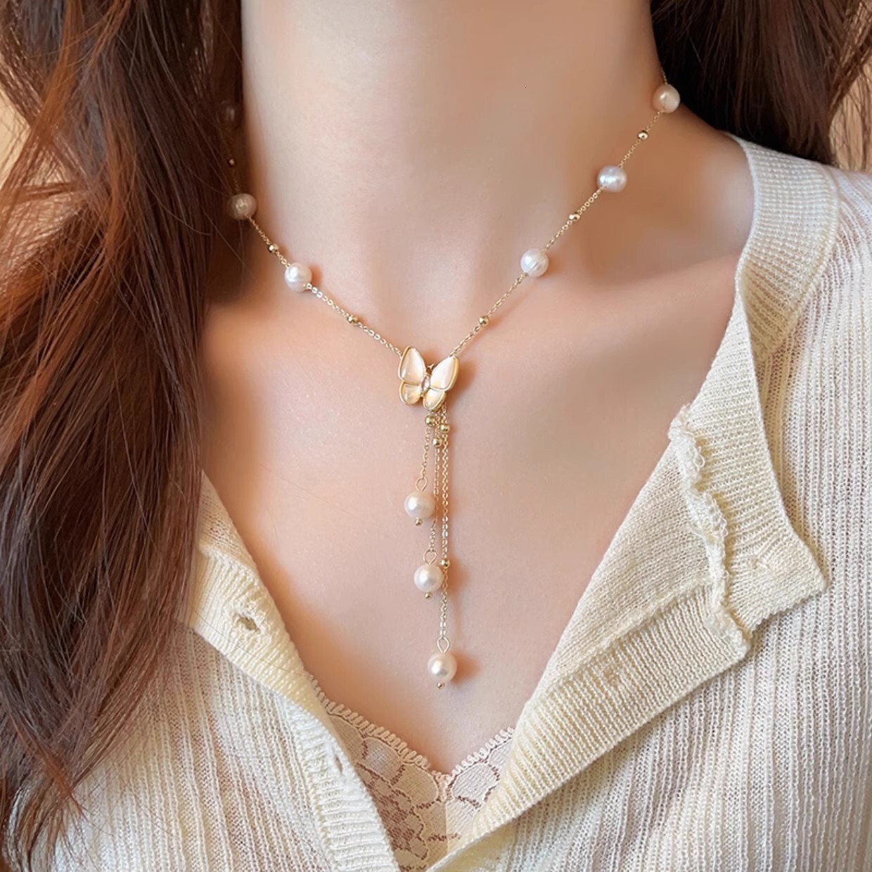 Freshwater Pearl Butterfly Mother-of-Pearl Necklace 2025 New Model Choker Sweater Light High-End Clavicle Chain Jewelry for Women