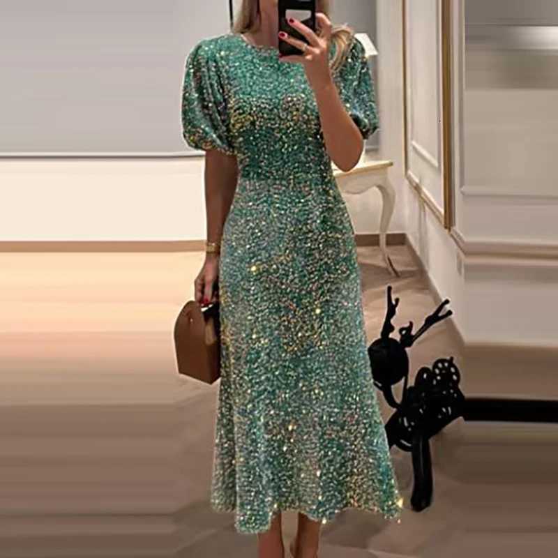 2024 New Lady Temperament Slim Banquet Dress Fashion Shiny Sequin Long Dress Casual O-neck Short Sleeve High Waist Dress for Women Z250728
