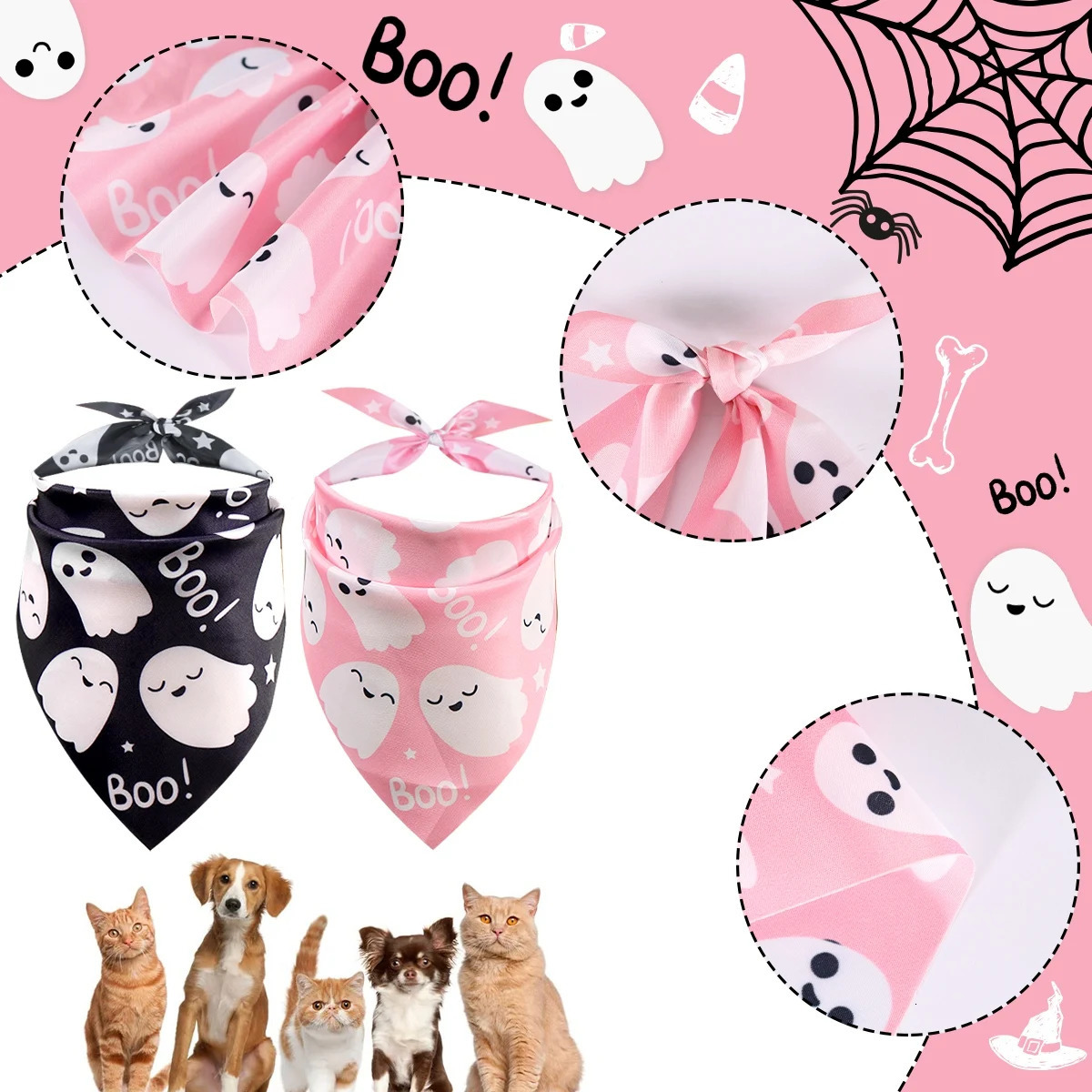 2 Pack Halloween Dog Bandanas Pink Black Ghost Boo Scarf Bibs Triangle Pet Costume for All Dogs Cats 250729