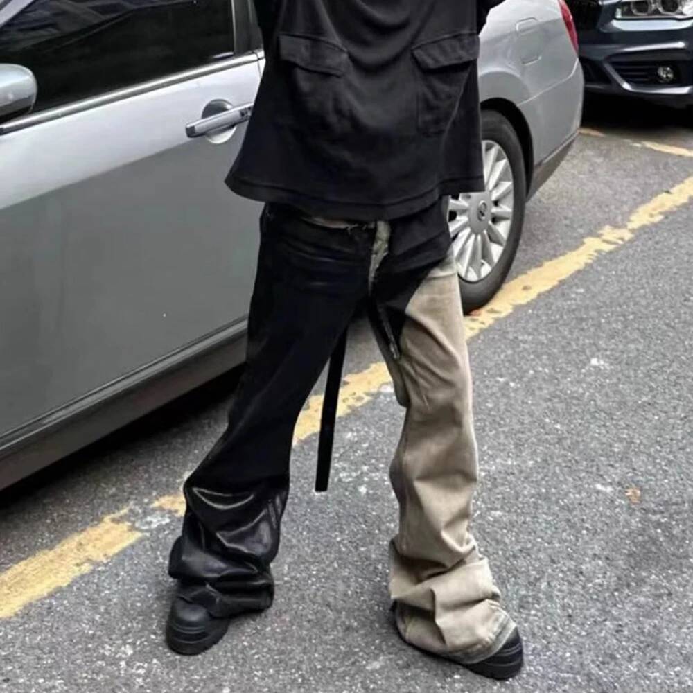 RO Style Ribbons Patchwork Gradient Stacked Wax Pants Unisex Straight Streetwear Baggy Y2k Flare Jeans Oversized Loose Cargos