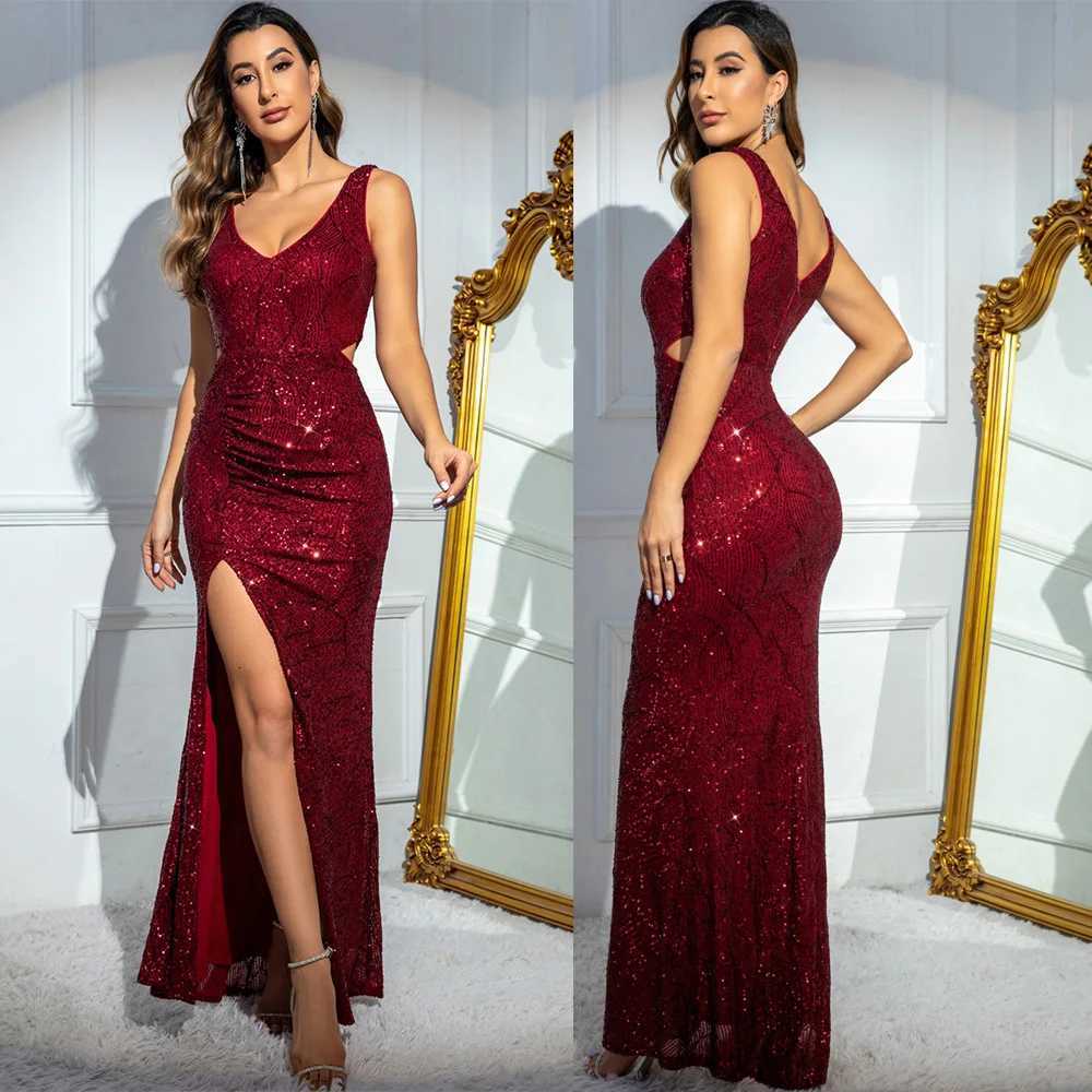 Sexy Fashion Bodycon Womens Dresses Sequin Cocktail Elegant Party Bandage Long Dress Slit Hollow Out Evening Prom Dresses XSY37 Z250728