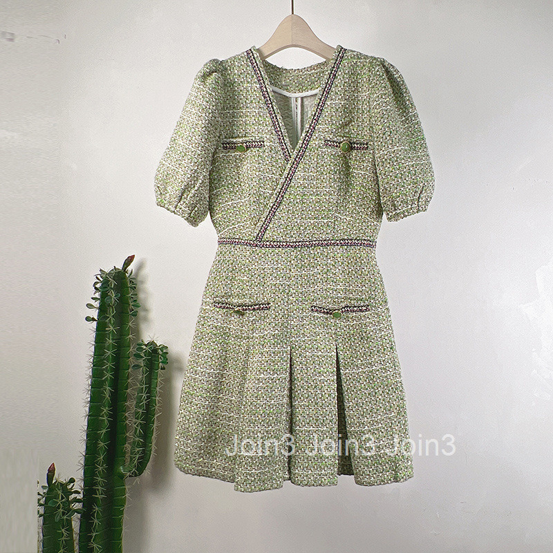 Summer Autumn New French Style V-Neck Elegant Sweet A-Line Short Dress Slim Waist Short Sleeve Dress