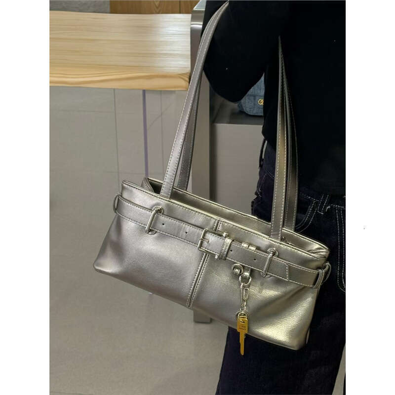Genuine Leather Large Capacity Commuter Celebrity Style Korean Niche Design Belt Buckle Cowhide Single Shoulder Baguette Underarm Bag B5